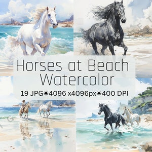 19頭の馬の水彩画ビーチクリップアートバンドル - 高画質JPGファイルですぐにデジタルダウンロード、馬の水彩画、デジタルクリップアート