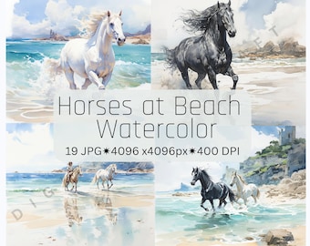 19 Horses Watercolor Beach Clipart Bundle - High Quality JPG Files For Instant Digital Download, Horse Watercolor Paintings, Digital Clipart