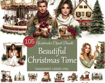 Christmas Clipart PNG Bundle,Watercolor Vintage Illustrations,Festive Holiday Graphics,Printable Designs for Crafts,Sublimation DIY Projects