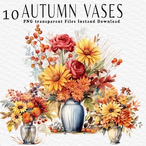 Imágenes prediseñadas de jarrones con flores de otoño: imágenes prediseñadas de flores de otoño acogedoras, imágenes prediseñadas de Acción de Gracias de otoño en acuarela, imágenes prediseñadas de otoño, ramos florales, revista basura