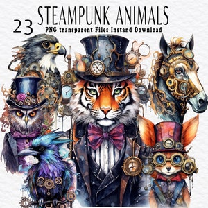 Paquete de imágenes prediseñadas de animales Steampunk en acuarela, imágenes prediseñadas de animales de estilo victoriano PNG, manualidades de papel con animales, diario basura, descarga para uso comercial
