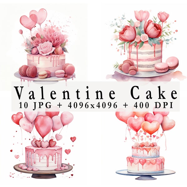 Watercolor Valentines Cake Clipart, 10 JPG Valentines Day Clipart, Valentines Cake Clipart, Cake JPG Instand Download Commercial Use