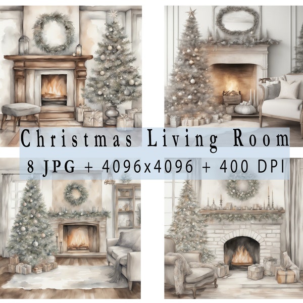 Watercolor Christmas Clipart | Christmas Decorated Fireplace | Christmas Cozy Clipart | Instant Download for Commercial Use | Christmas JPG