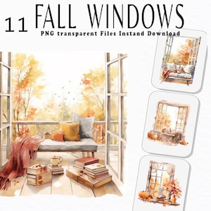 11 Autumn Cozy Window, Watercolor Clipart, Fall Season, Scrapbook, Paper Crafts, PNG Bundle, Fall Windows, Pumpkin, Digital Image Bundle