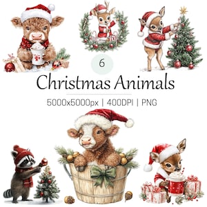 Christmas Animals Clipart Set - PNG Files, Deer, Recoon,Highland Cow,Festive Holiday Animals, Festive  Animals PNG, Farmhouse Christmas