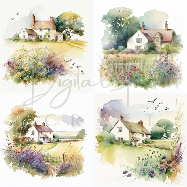 Farm Houses Watercolor - 15 High Quality JPGs - Digital Planner, Junk Journaling, Watercolor Painting , Commercial Use - Digital Download