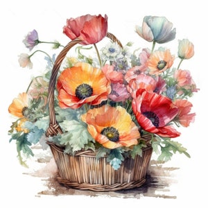 Poppy Wildflower Basket, Floral Clipart, 17 High Quality JPGs, Printable Watercolor clipart,Digital download,Paper craft,junk journals