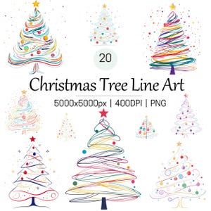Weihnachtsbaum Minimalistische bunte Linie Art Clipart, druckbare Aquarell Clipart, Urlaub, Festlich, PNG, Winter, digitaler Download