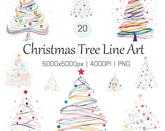 Christmas Tree Minimalistic Colorful Line Art Clipart, Printable Watercolor clipart, Holiday, Festive, PNG, Winter, Digital download