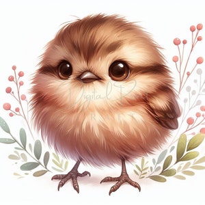 12 Fluffy Sweet Bird Clipart, Forest Little Bird, Watercolor JPG, Ideal For Postcards, Junk Journal. Paper Craft, Digital Printable Art