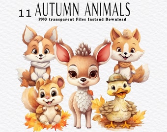Autumn Animals Watercolor Clipart Bundle 11 PNG Sweet Fall Animal Images Cute Pet Graphics Instant Digital Download Commercial Use