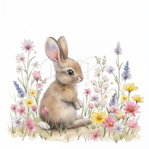 Flower Bunny Floral Spring Clipart, 15 High Quality JPGs, Bunnies Clipart, Digital Planner, Junk Journaling,Watercolor Clipart, Gift Card