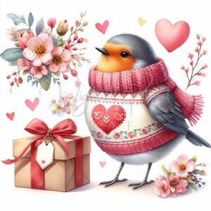 Valentine Robin Clipart, 10 JPG Valentines Day Clipart, Valentines Bird Clipart, Love Bird Clipart, Instand Download, Commercial Use