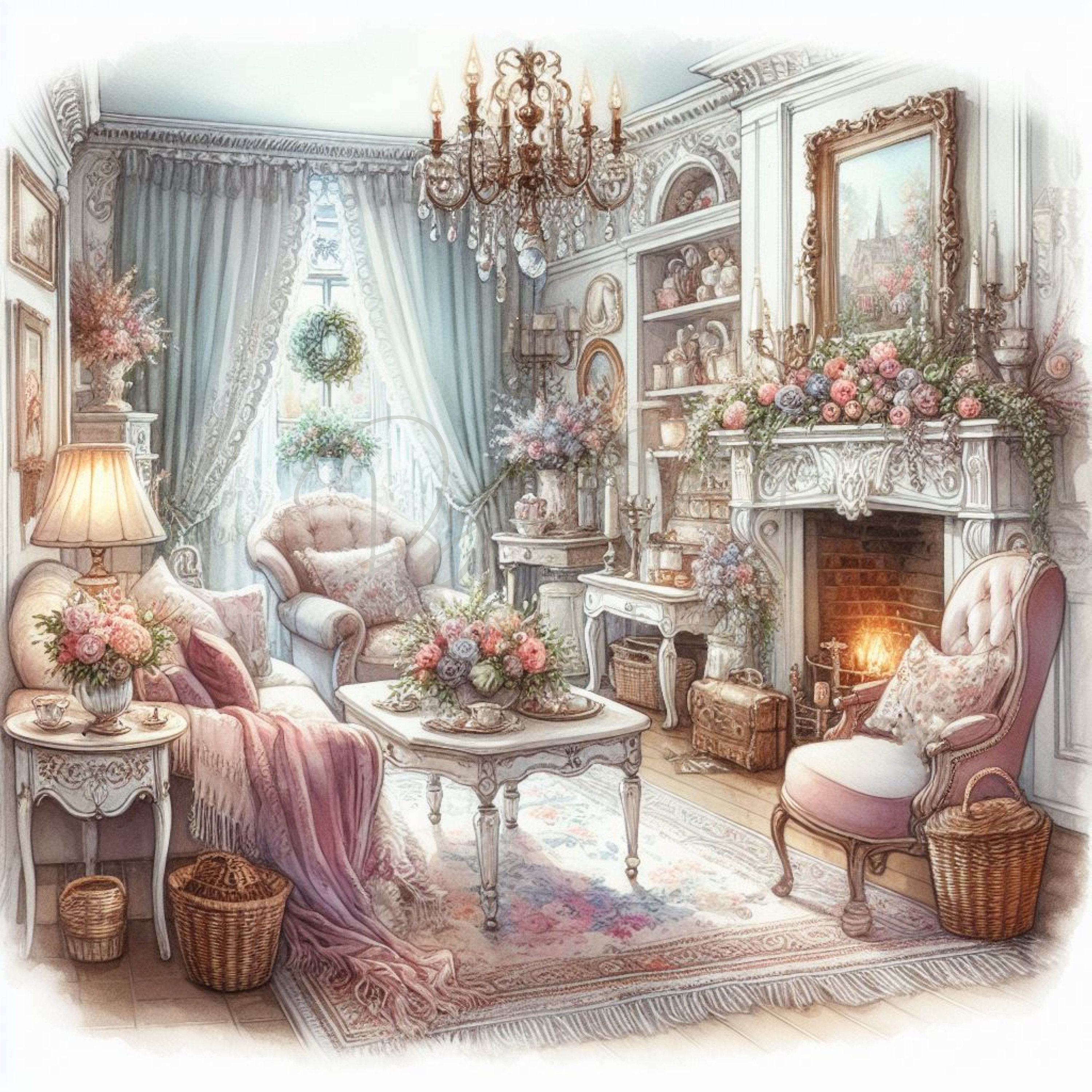 Shabby Chic Living Room, House Clipart, 12 High Quality Jpgs, Printable ...
