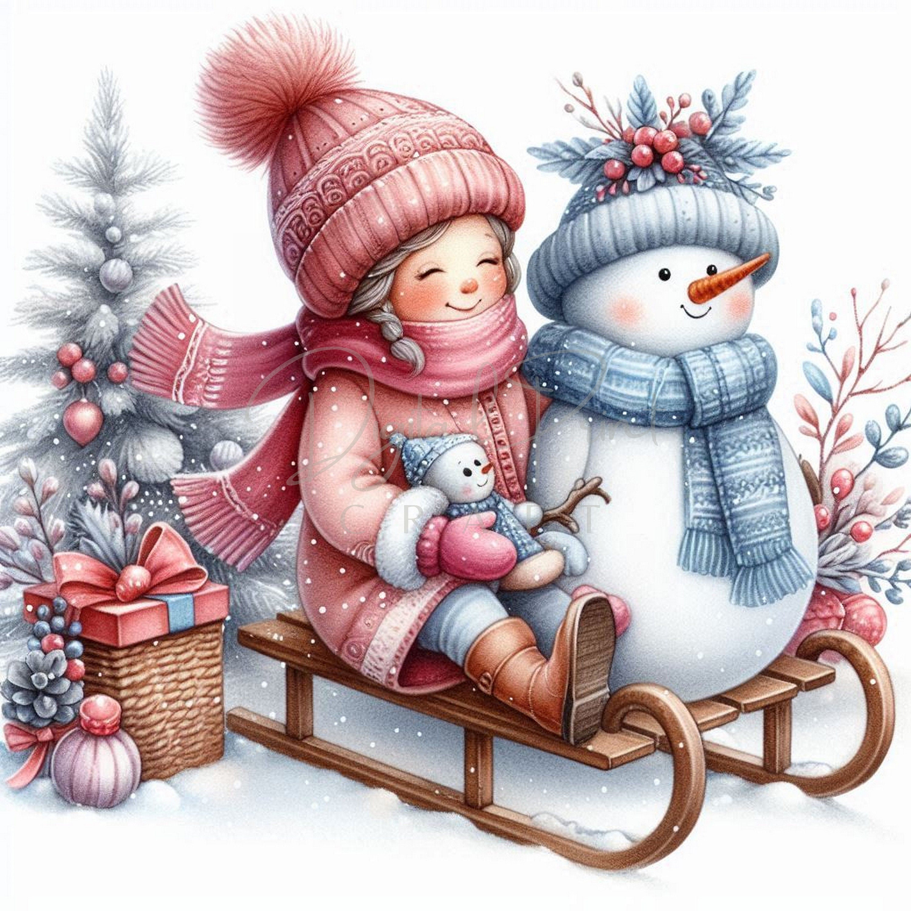 9 Snowman Sledge, Winter Scene Clipart, Christmas For Kids, Watercolor JPG, For Postcards, Junk Journal.Paper Craft,Digital Printable Art