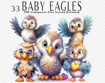 Colorful Cute Baby Eagles Clipart PNG Bundle, Watercolor PNG Files for Sublimation Design PNG, Bundle Vibrant Colors, Owl Clipart , Owl Pack