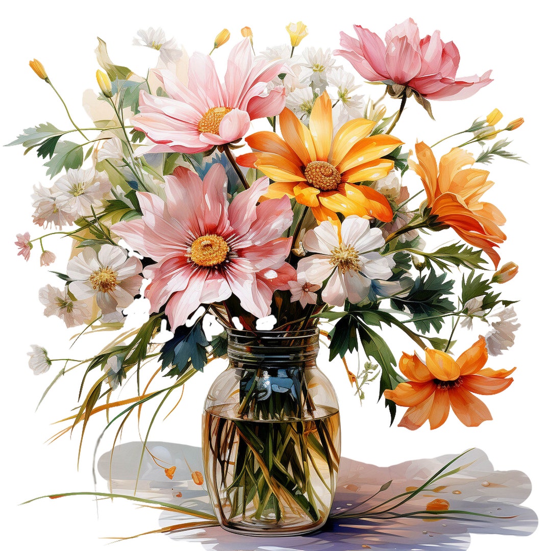 Flower Vase Clipart, Watercolor Flowers, 15 PNG Transparent, Bouquet of ...