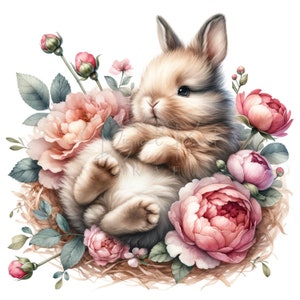 Easter Bunny Floral Spring Clipart, 16 High Quality JPGs, Flower Clipart, Digital Planner, Junk Journaling,Watercolor Clipart, Gift Card