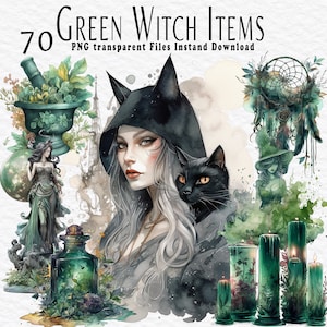 70 Green Witch Items Clipart , Magic Witch Clipart PNG, Witches PNG, Scrapbook, Junk Journal, Paper Crafts Scrapbooking