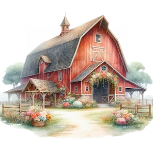 Puede incluir: Un granero rojo con molduras blancas y un porche de madera. El granero está rodeado de hierba verde y flores. Hay una valla de madera en primer plano.