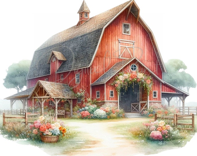 Watercolor Rustic Farm Barns Clipart PNG Sublimation Bundle Watercolour ...
