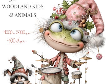 Woodland Christmas Clipart Bundle | Pastel Boho Kids & Animals | Watercolor PNG for Scrapbooking, Tags Holiday Crafts