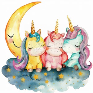 11 Sleeping Moon Unicorn Clipart, Sweet Nursery Animal, Watercolor JPG, Ideal For Postcards, Junk Journal. Wall Art, Digital Printable Art