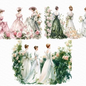 May include: Five women in vintage dresses stand in a garden setting with lush green foliage and pink and white roses. The women are wearing different styles of dresses, including a pink dress with a ruffled skirt, a green dress with a fitted bodice, and a white dress with a flowing skirt.