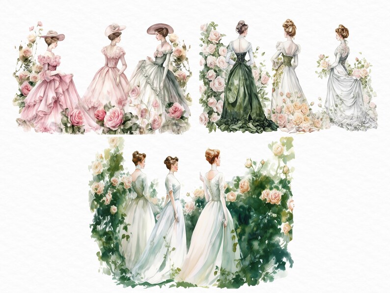 May include: Five women in vintage dresses stand in a garden setting with lush green foliage and pink and white roses. The women are wearing different styles of dresses, including a pink dress with a ruffled skirt, a green dress with a fitted bodice, and a white dress with a flowing skirt.