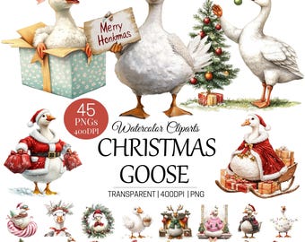 Christmas Goose PNG,Watercolor Clipart Bundle,Funny Holiday PNGs, Winter Goose Illustrations, Cute Santa Goose Sublimation, Transparent PNGs