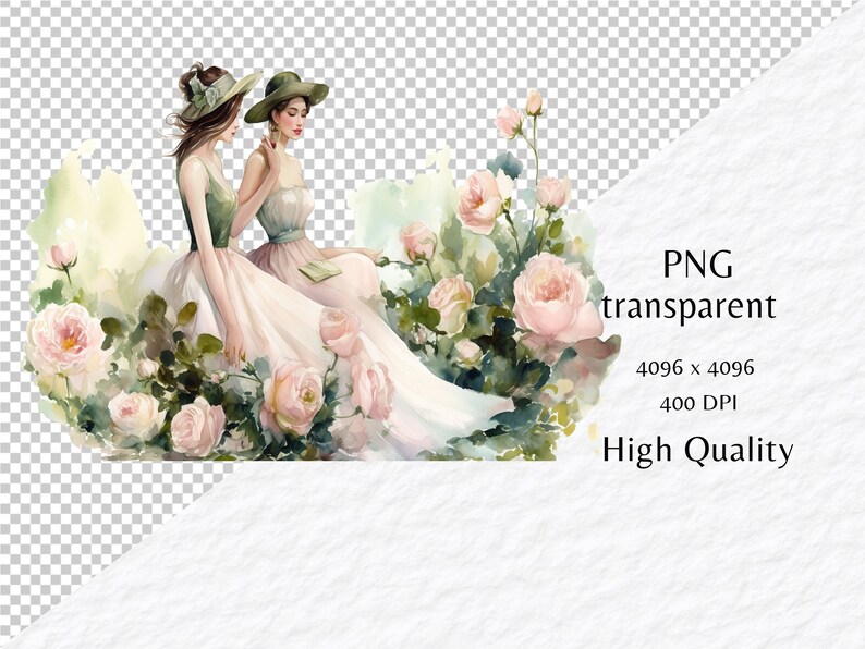 May include: Two women in dresses and hats are sitting in a garden with pink roses. The women are wearing green and white dresses and have long brown hair. The roses are in bloom and the leaves are green.
