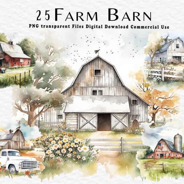Farm Barn Clipart PNG transparent Watercolor Farmhouse Bundle|25 PNG Files Digital Download Design Prints for Sublimation Commercial Use