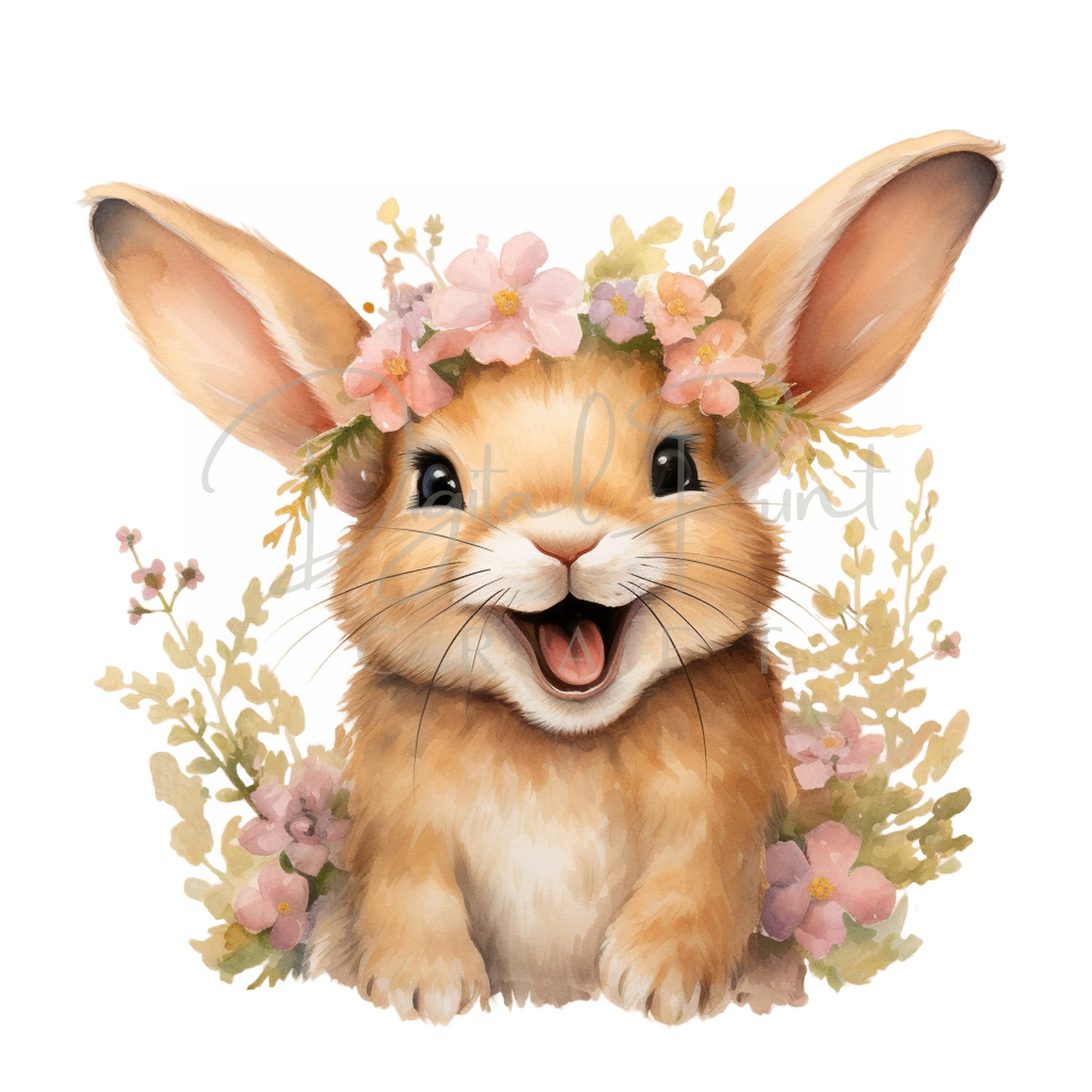 Laughing Bunny - 11 High Quality JPGs - Easter Bunny Clipart, Floral Bunny Clipart, Junk Journaling, Commercial Use, Digital Download