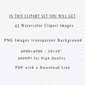 May include: Text that reads "IN THIS CLIPART SET YOU WILL GET 43 Watercolor Clipart Images PNG Images transparent Background 4096x4096 - 10x10" 400DPI for High Quality PDF with a Download Link"