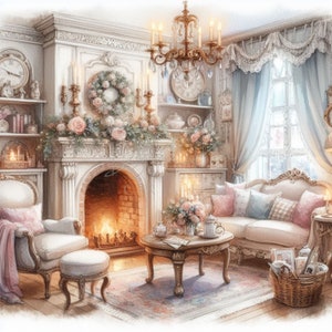Shabby Chic Living Room, House Clipart, 12 High Quality JPGs, Printable Watercolor clipart,Digital download,Paper craft,junk journals