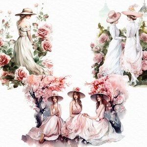 May include: Three women in white dresses and wide-brimmed hats are depicted in a watercolor painting. Two women stand in a garden with pink roses, while the other three sit under a pink cherry blossom tree.