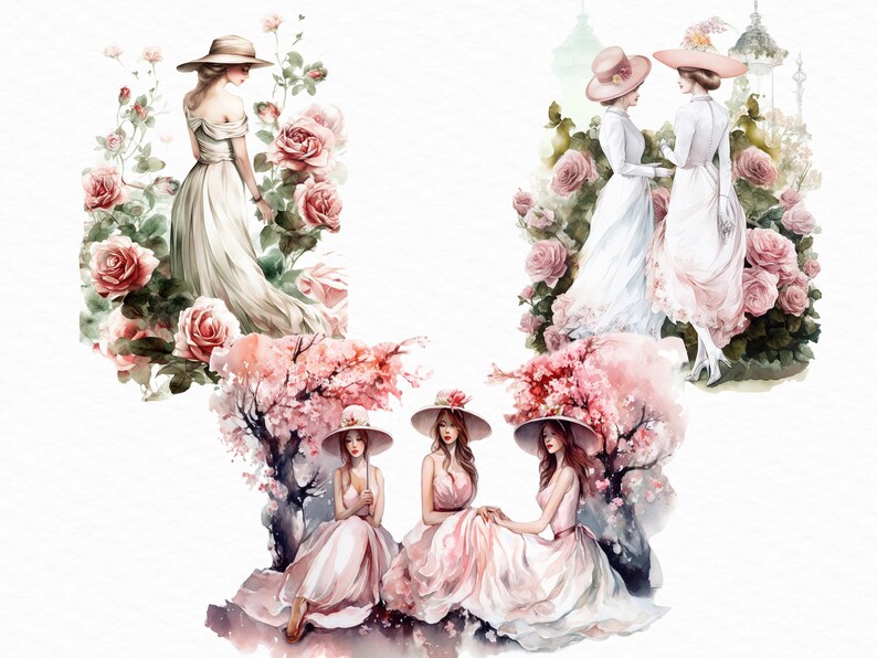 May include: Three women in white dresses and wide-brimmed hats are depicted in a watercolor painting. Two women stand in a garden with pink roses, while the other three sit under a pink cherry blossom tree.