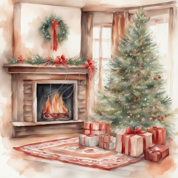 Watercolor Christmas Clipart | Christmas Decorated Fireplace | Christmas Cozy Clipart | Instant Download for Commercial Use | Christmas JPG