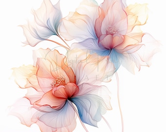Abstract Elegant Flower Print Clipart, Colorful Floral, 18 JPG, Printable Watercolor clipart,Digital download,Paper craft,junk journals