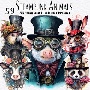 Paquete de imágenes prediseñadas de animales Steampunk en acuarela, imágenes prediseñadas de animales de estilo victoriano PNG, manualidades de papel con animales, diario basura, descarga para uso comercial
