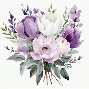 Purple Flowers Bouquet Clipart, Floral Border, 12 High Quality JPGs, Printable Watercolor clipart,Digital download,Paper craft,junk journals