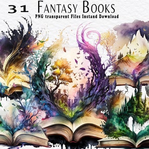 31 PNG transparent Watercolor Fantasy Books Clipart Bundle, Open Book Clip Art, Book Bundle PNG Files, Vintage Books, Old Books, Magic Books