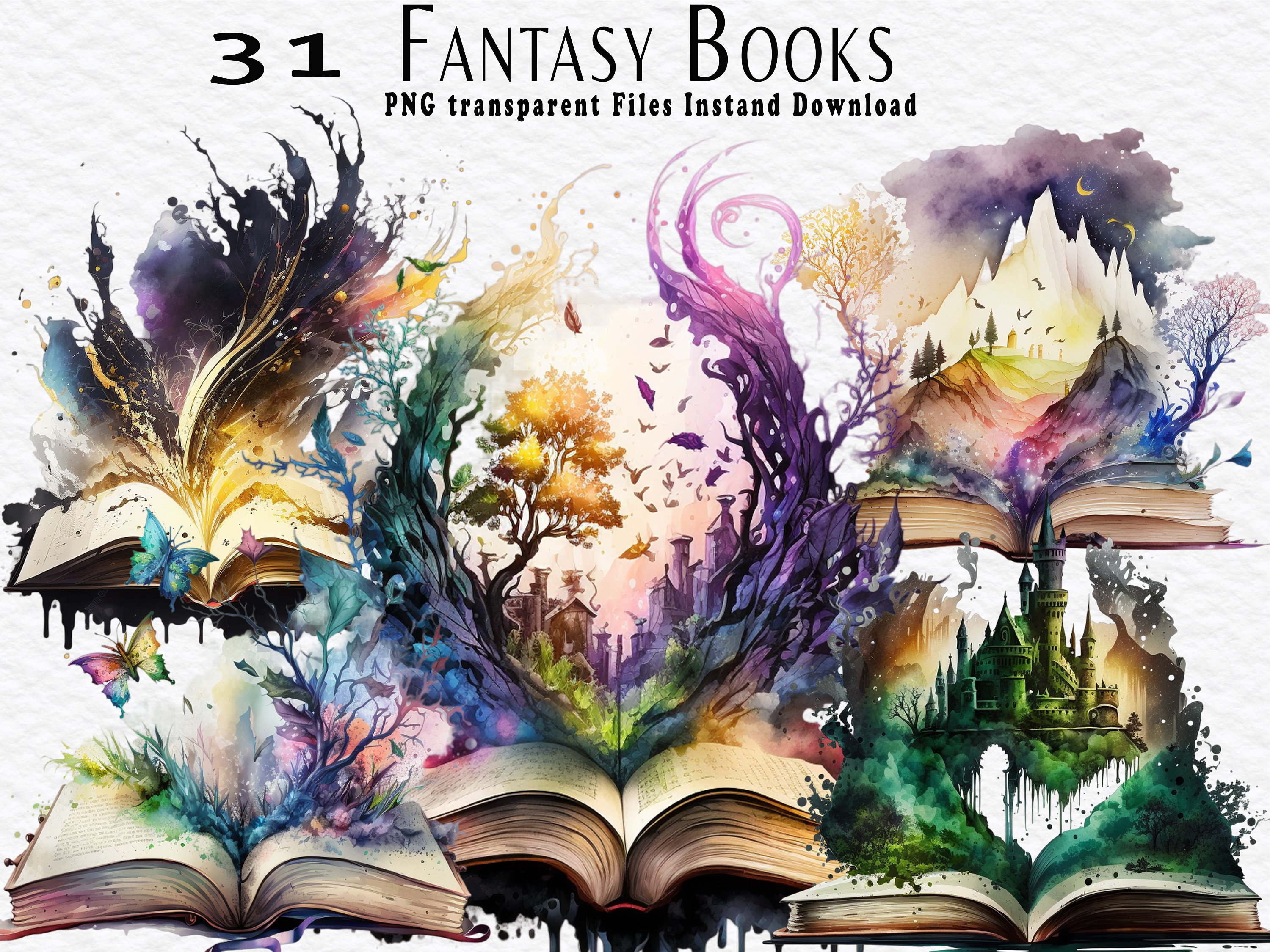 30 Watercolor Vintage & Fantasy Book Clipart, PNG Old Books By SharpSVG