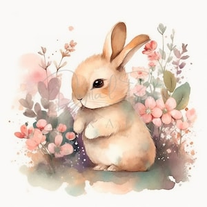 Bunny Flowers - 9 High Quality JPGs - Bunnie Clipart -Digital Planner, Junk Journaling,Watercolor Clipart-Commercial Use-Digital Download