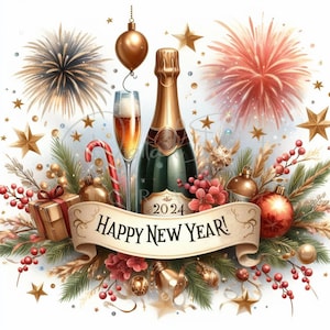 Bonne année 2024 Clipart - 10 fichiers JPG de haute qualité, bannière des cliparts, téléchargement numérique, licence commerciale, fabrication de cartes, créations numériques en papier