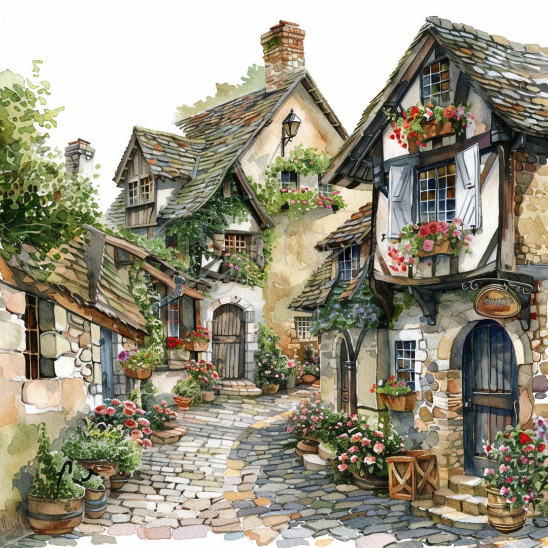 Shabby Chic Village Vintage Floral House Watercolor Clipart Bundle| 24 ...