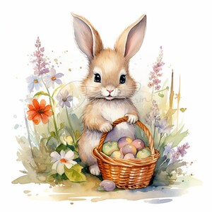Bunny Floral Basket Clipart, 12 High Quality JPGs, Spring Flower Clipart, Digital Planner, Junk Journaling,Watercolor Clipart, Gift Card