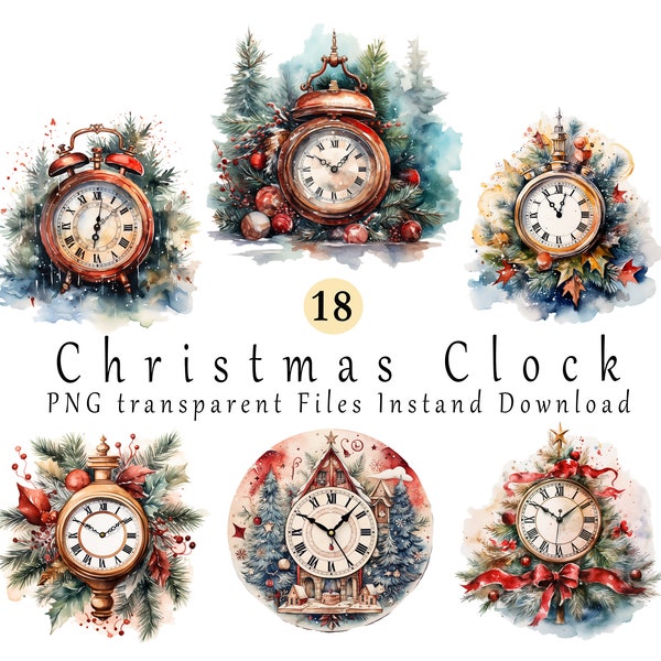 Christmas Clocks Clipart 18 PNGs, Christmas Decoration, Clock PNG, Digital Download, Commercial License, Card Making, Digital Paper Craft