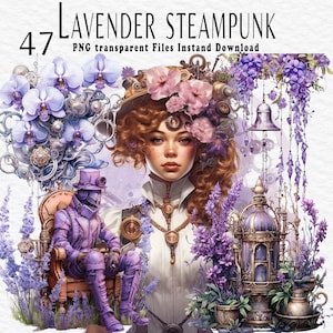 Lavender steampunk Watercolor Clipart Bundle - 47 PNG Images, Junk Journal, PNG, Instant Digital Download, Printable, for commercial use