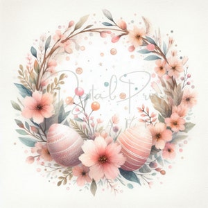 Clipart Couronne de Pâques, 12 fichiers JPG de haute qualité, Images de couronne rose, JPG floral de Pâques, Clipart aquarelle, téléchargement numérique, journal indésirable